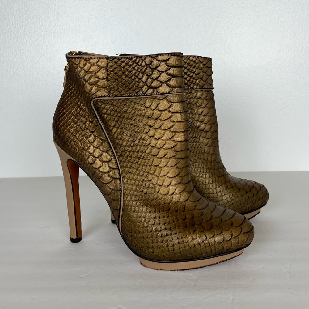 Badgley Mischka Metallic Snake Print Heeled Boots Sz 7 M Bronze Embossed Leather